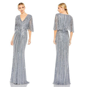 MAC DUGGAL SEQUINED V NECK CAPE SLEEVE COLUMN GOWN IN SLATE BLUE NWT WOMEN'S 18